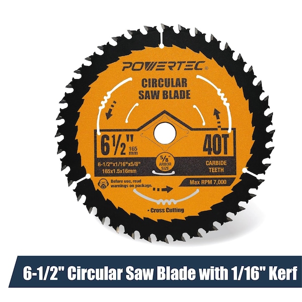 Powertec 6-1/2" Circular Saw Blade, 5/8" Arbor, 1/16" Kerf, 40T Carbide-Tipped Blade for Wood Cutting 14023 - main