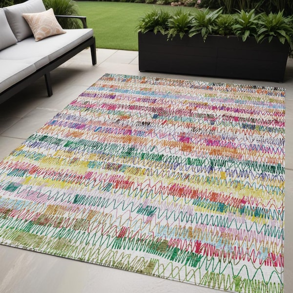 Homeroots 5' X 8' Green Ivory And Purple Striped Washable Indoor Outdoor Area Rug 589183 - main