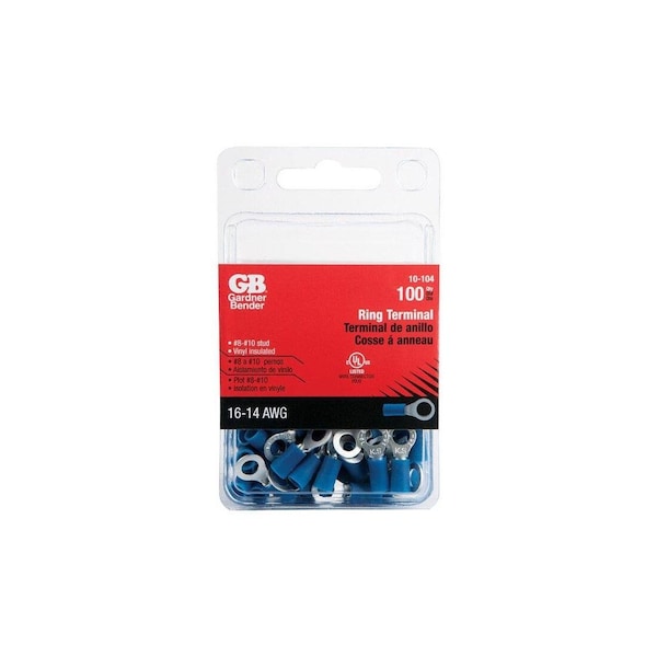 Gb Ring Terminal 600 V 16 to 14 AWG Wire #8 to 10 Stud Vinyl Insulation Copper Contact Blue, 100PK 10-104 - main