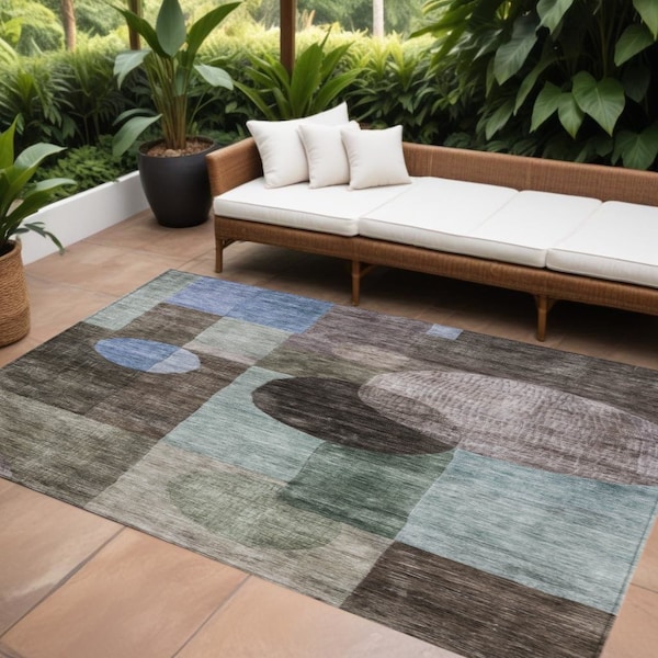 Homeroots 8' X 10' Brown Blue And Green Geometric Washable Indoor Outdoor Area Rug 604309 - main
