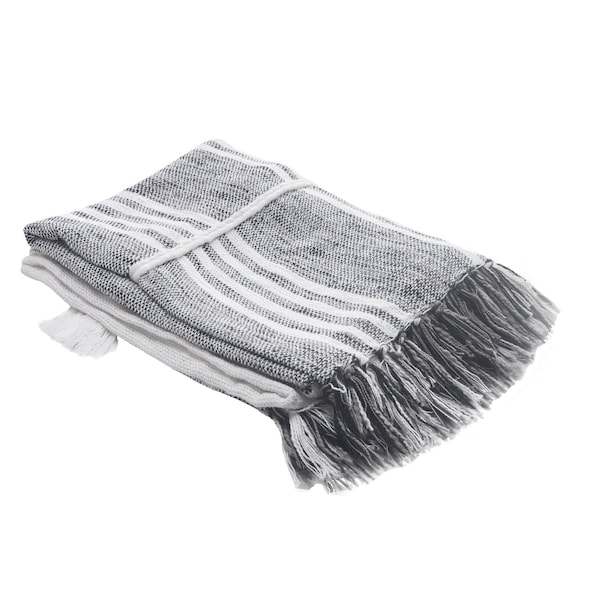 Homeroots 50" X 60" Gray and White Kantha Cotton Striped Throw Blanket with Embroidery 516624 - main