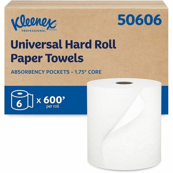 Kleenex Hard Roll Paper Towels with Premium Absorbency Pockets, 1.75" Core, White, (600'/Roll), 6PK 50606 - main