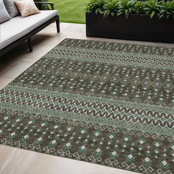 Homeroots 5' X 8' Brown Green And Olive Green Tribal Washable Indoor Outdoor Area Rug 582549 - main