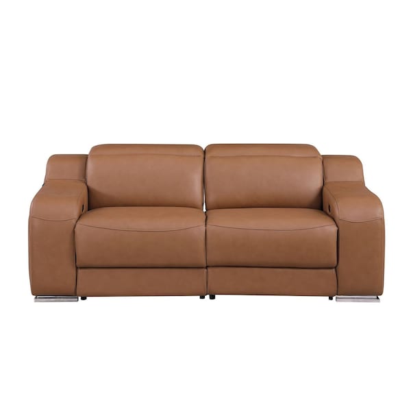 Homeroots 76in Cognac and Silver Italian Leather Power Reclining Loveseat With Storage 633752 - main