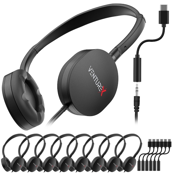 Venturex Stereo Kids Learning Phone & Computer Headphone, 3.5mm & USB-C Adapter, Black, 50PK K22 - main