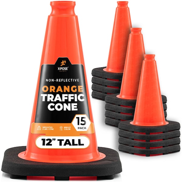 Xpose Safety Traffic Safety Cone, 12 in, PVC Plastic, No Collar, Orange, 15 pk OTC12-15-X-S - main