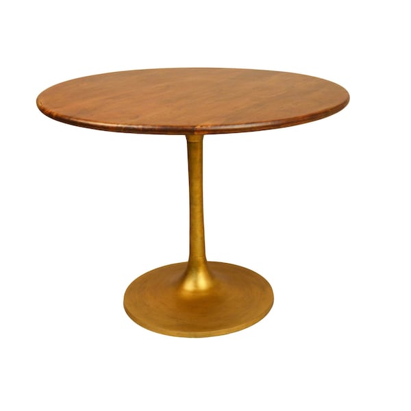 Homeroots 40" Brown And Gold Rounded Solid Wood And Iron Pedestal Base Dining Table 517769 - main