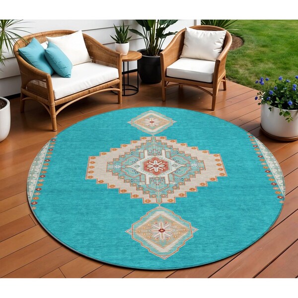 Homeroots 8' Teal Blue Brown And Ivory Round Oriental Washable Indoor Outdoor Area Rug 598444 - main