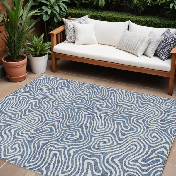Homeroots 9' X 12' Denim Blue And Ivory Abstract Washable Indoor Outdoor Area Rug 599710 - main