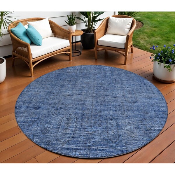 Homeroots 8' Navy Blue And Blue Round Southwestern Washable Indoor Outdoor Area Rug 587070 - main