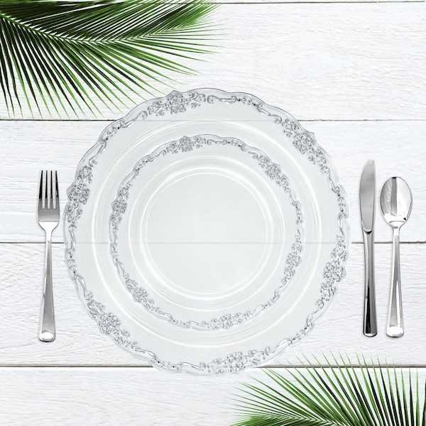 Smarty Had A Party 7.5" Clear w/Silver Vintage Rim Round Disposable Plastic Appetizer/Salad Plates (120 Plates), 120PK 867CS-CASE - main