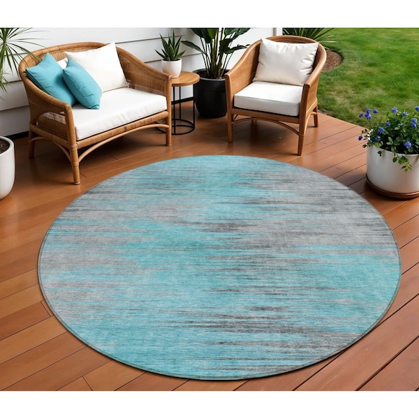 Homeroots 8' Teal Blue Charcoal And Gray Round Abstract Washable Indoor Outdoor Area Rug 587184 - main