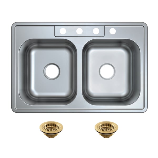 Kingston Brass 33-Inch Stainless Steel Self-Rimming Double Bowl Drop-In Kitchen Sink, 4-Hole with Strainer KGKTD332287 - main