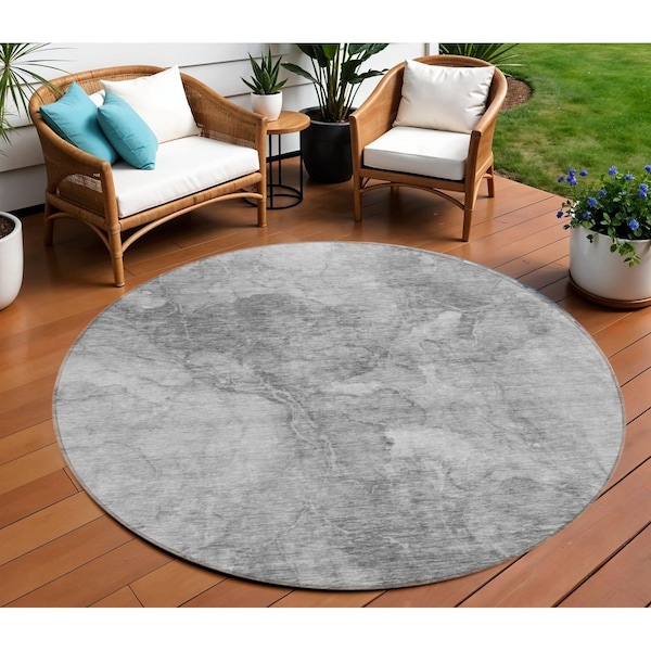 Homeroots 8' Gray Silver And Charcoal Round Nautical Washable Indoor Outdoor Area Rug 581739 - main