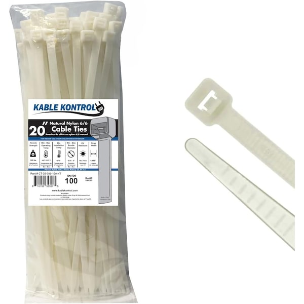 Kable Kontrol Natural Cable Zip Ties, 20 in L, 20 in Max Bundle Dia., Natural, Nylon 6-6, 300 lbs Strength CT-20-300-100-NT - main