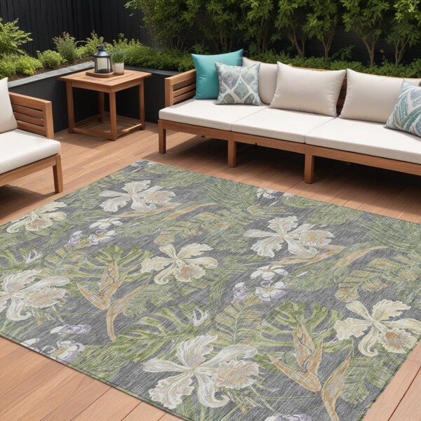 Homeroots 8' X 10' Gray Beige And Olive Green Botanical Leaves Washable Indoor Outdoor Area Rug 618403 - main