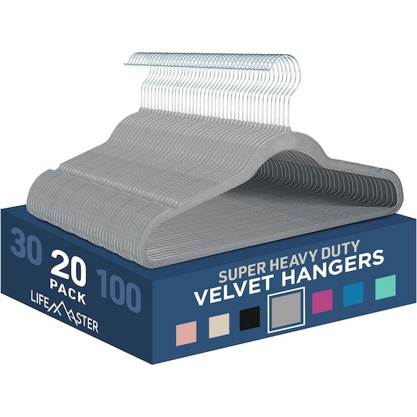 Lifemaster Velvet Non-Slip Hangers, Heavy Duty, 360 Deg Swivel Hook, Space-Saving, Grey, 20PK LMGR22Y - main