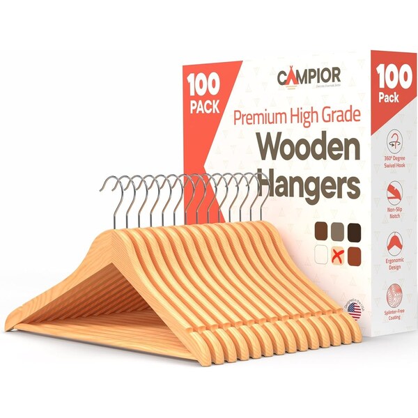 Lifemaster Wooden Clothes Hangers, Durable, Non-Slip, Space-Saving, 360 Deg Swivel Hook, Natural Finish, 100PK CMPWH100NL - main