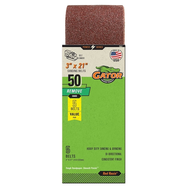 Gator Finishing Red Resin 3 x 21 in. Sanding Belt, 50 Grit, Coarse, 5PK 7012GA - main