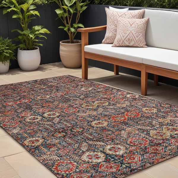 Homeroots 10' X 14' Red and Dark Blue Floral Washable Non Skid Indoor Outdoor Area Rug 564373 - main
