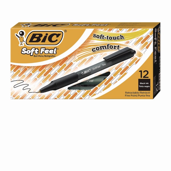 Bic Soft Feel Ballpoint Pen, Retractable, Medium 1 mm, Black Ink, Black Barrel, 12PK SCSM11-BLK - main