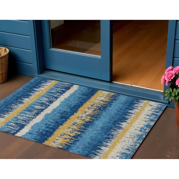 Homeroots 3' X 5' Navy Blue Gold And Ivory Striped Washable Indoor Outdoor Area Rug 598370 - main