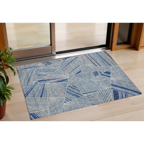Homeroots 3' X 5' Denim Blue Gray And Ivory Geometric Washable Indoor Outdoor Area Rug 594773 - main