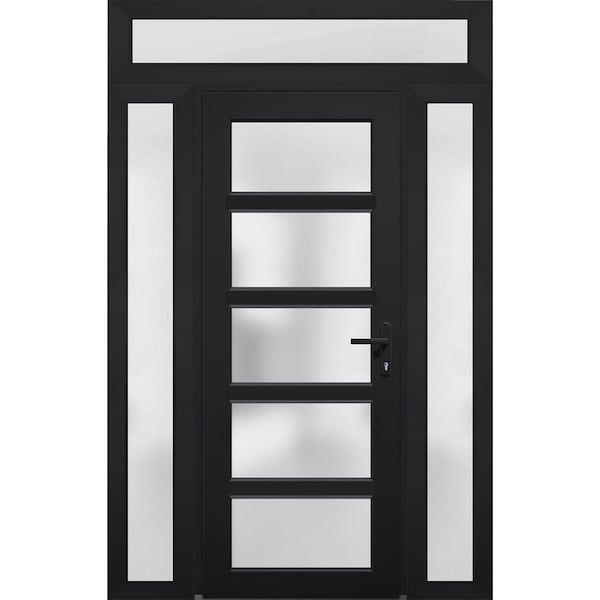 Vdomdoors Front Exterior Prehung FiberGlass Door Frosted Glass / Manux 8002 Matte Black / 2 Sidelight and Tra MANUX8002EXD-BLK-W12+30+12 x H80+14-LH - main