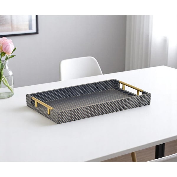 Homeroots 16" Blue And Gold Geometric Handmade Serving Tray 625660 - main