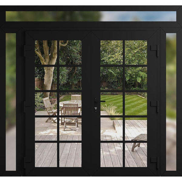 Vdomdoors Front Exterior Prehung Metal-Plastic Double Doors Clear Glass / MANUX 8100 Matte Black / Office Com MANUX8100DEXD-BLK-W14+72+14xH80+16-LH-I - main