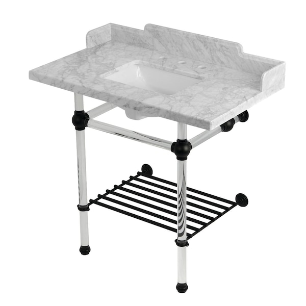 Kingston Brass 36-Inch Carrara Marble Console Sink with Acrylic Legs and Shelf, 8-Inch, 3-Hole LMS36MASQB0 - main