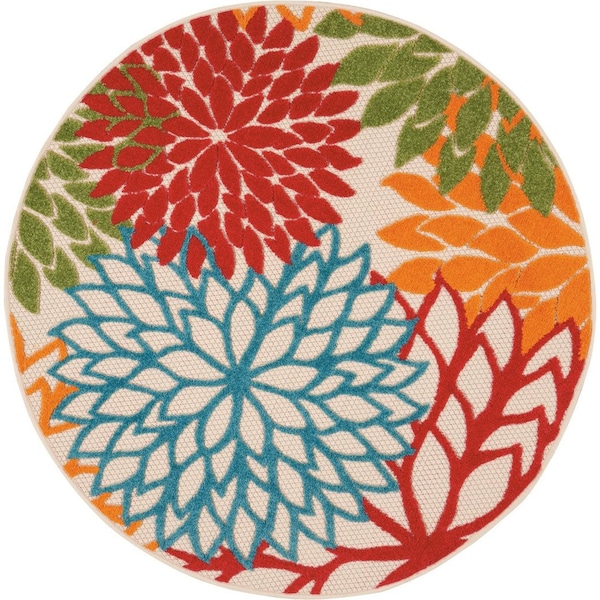 Homeroots 4' Green Orange Red And Blue Round Floral Indoor Outdoor Area Rug 546643 - main