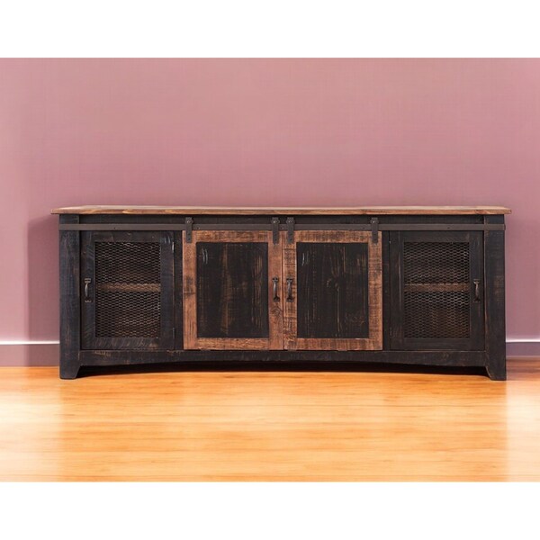 Homeroots 79" Black Solid Wood Cabinet Enclosed Storage Distressed TV Stand 528711 - main
