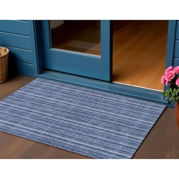 Homeroots 3' X 5' Denim Blue And Ivory Striped Washable Indoor Outdoor Area Rug 615043 - main