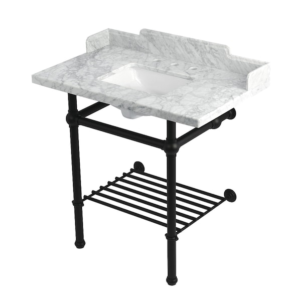Kingston Brass 36-Inch Carrara Marble Console Sink with Brass Legs and Shelf, 8-Inch, 3-Hole LMS36MBSQB0 - main