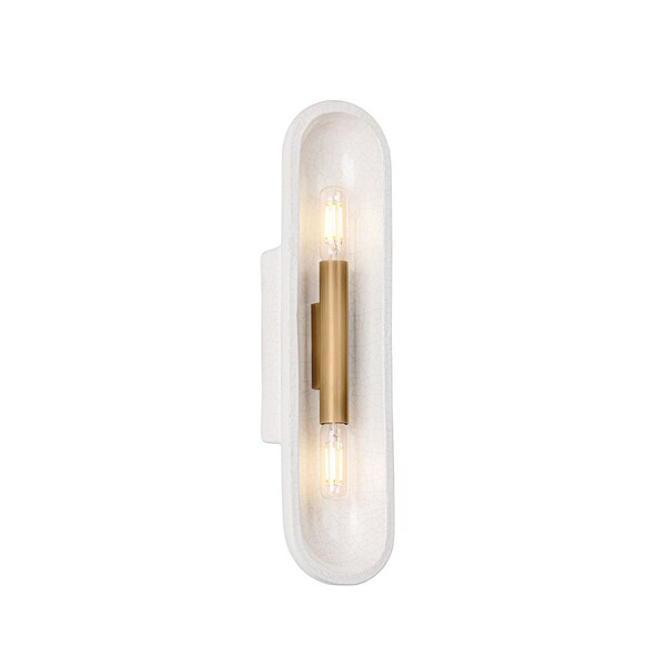 Troy Lighting Lane 2 Light Wall Sconce, Patina Brass and Ceramic White Large Crackle, 4 In x 16.5 In B1617-PBR/CLC - main