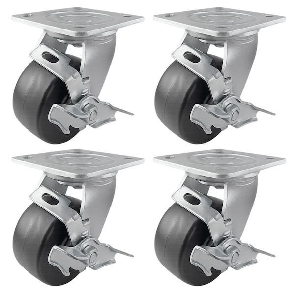 Hyw Products Heavy Duty Caster Set 4in Plastic Wheels, 4 Swivel with Brake, 4PK 40-40S-A1-HP-TB-4 - main