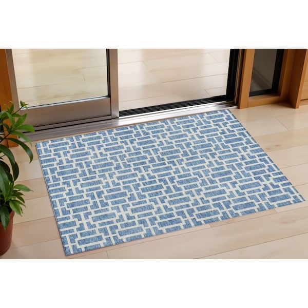 Homeroots 3' X 5' Denim Blue And Ivory Geometric Washable Indoor Outdoor Area Rug 594845 - main