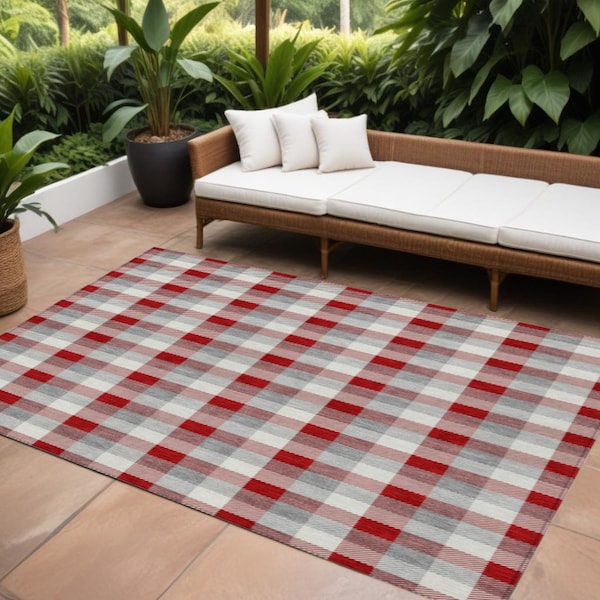 Homeroots 9' X 12' Red Gray And Beige Plaid Washable Indoor Outdoor Area Rug 601432 - main