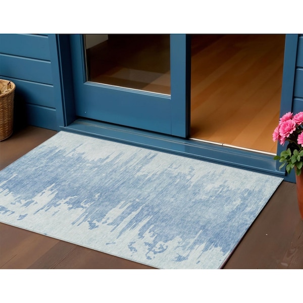 Homeroots 3' X 5' Sky Blue And Denim Blue Abstract Washable Indoor Outdoor Area Rug 582434 - main
