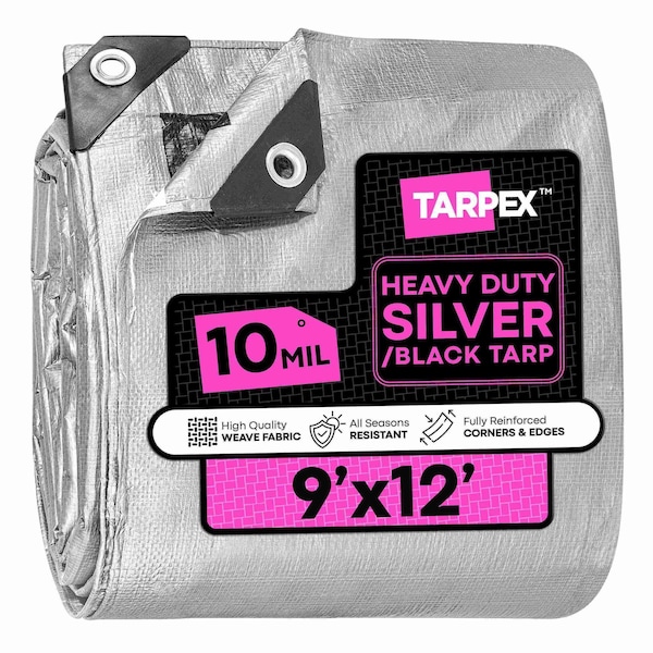 Tarpex Heavy Duty Tarp, 9 ft x 12 ft, 10 Mil, Silver/Black, Polyethylene STH-TA-912 - main