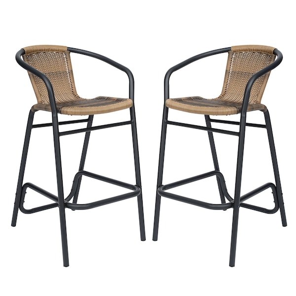 Flash Furniture Lila Commercial Grade Indoor-Outdoor PE Rattan Restaurant Barstool with Black Aluminum Frame and Footrest in Medium Brown, PK2 2-SDA-AD632032R-DK-BN-GG - main