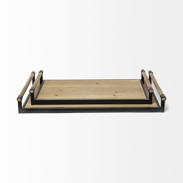 Homeroots Set of Two Brown Wood Indoor Outdoor Serving Tray With Handles 376039 - main