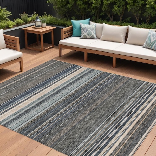 Homeroots 10' X 14' Taupe Beige And Pewter Striped Washable Indoor Outdoor Area Rug 614850 - main