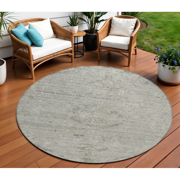 Homeroots 8' Pewter And Beige Round Floral Washable Indoor Outdoor Area Rug 604242 - main