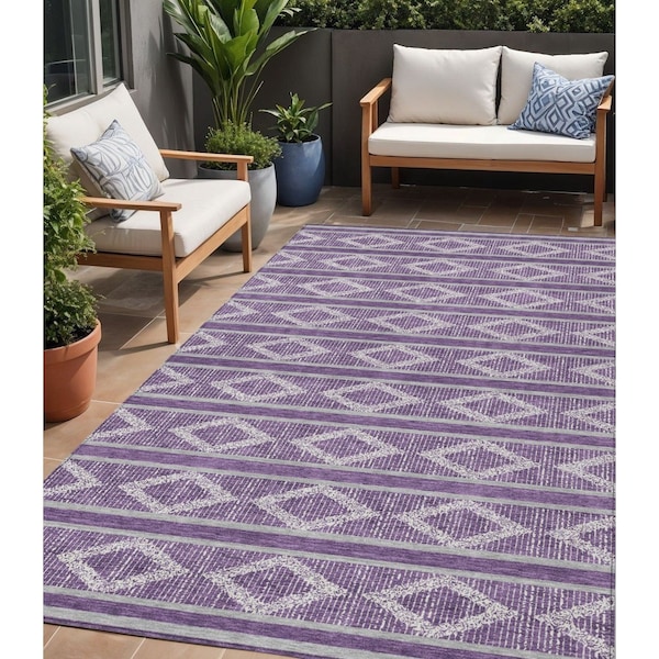 Homeroots 5' X 8' Purple Gray And Ivory Geometric Washable Indoor Outdoor Area Rug 599659 - main