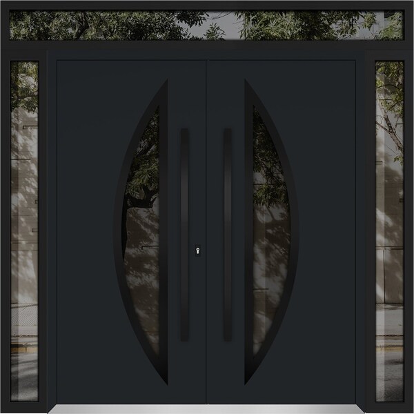Vdomdoors Metal Double Doors Deux 6501 Black Enamel Opaque Black Glass 2 Sidelights and Top Transom Entry Mod DEUX6501DEXD-BLK-W16+72+16xH80+16-RH-O - main