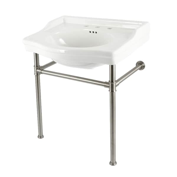 Kingston Brass 30" Ceramic Console Sink with Stainless Steel Legs, 8-Inch, 3-Hole, White/Brushed Nickel VPB33088ST - main