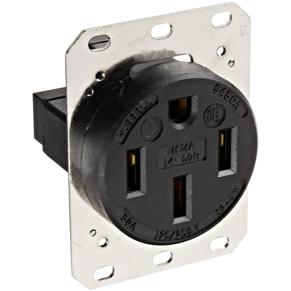 Hubbell Wiring 50A 125/250V 3-Pole 4-Wire Grounding Receptacle, 14-50R, Industrial, Black HBL9450A - main
