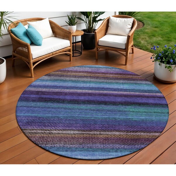 Homeroots 8' Blue Purple And Taupe Round Striped Washable Indoor Outdoor Area Rug 631205 - main